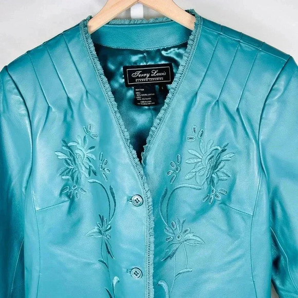 Vintage Terry Lewis Size Large Leather Coat Embroidered Eyelet Ruffle Teal - Picture 4 of 16